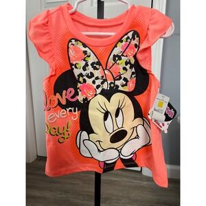 Disney Minnie Mouse Girls Coral Pink Ruffle Sleeve Shirt Leopard Bow Size 4 NWT